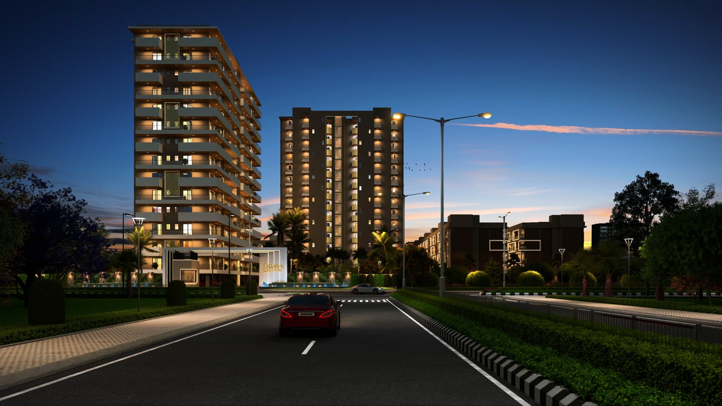 Golden Era Homes — front elevation at night