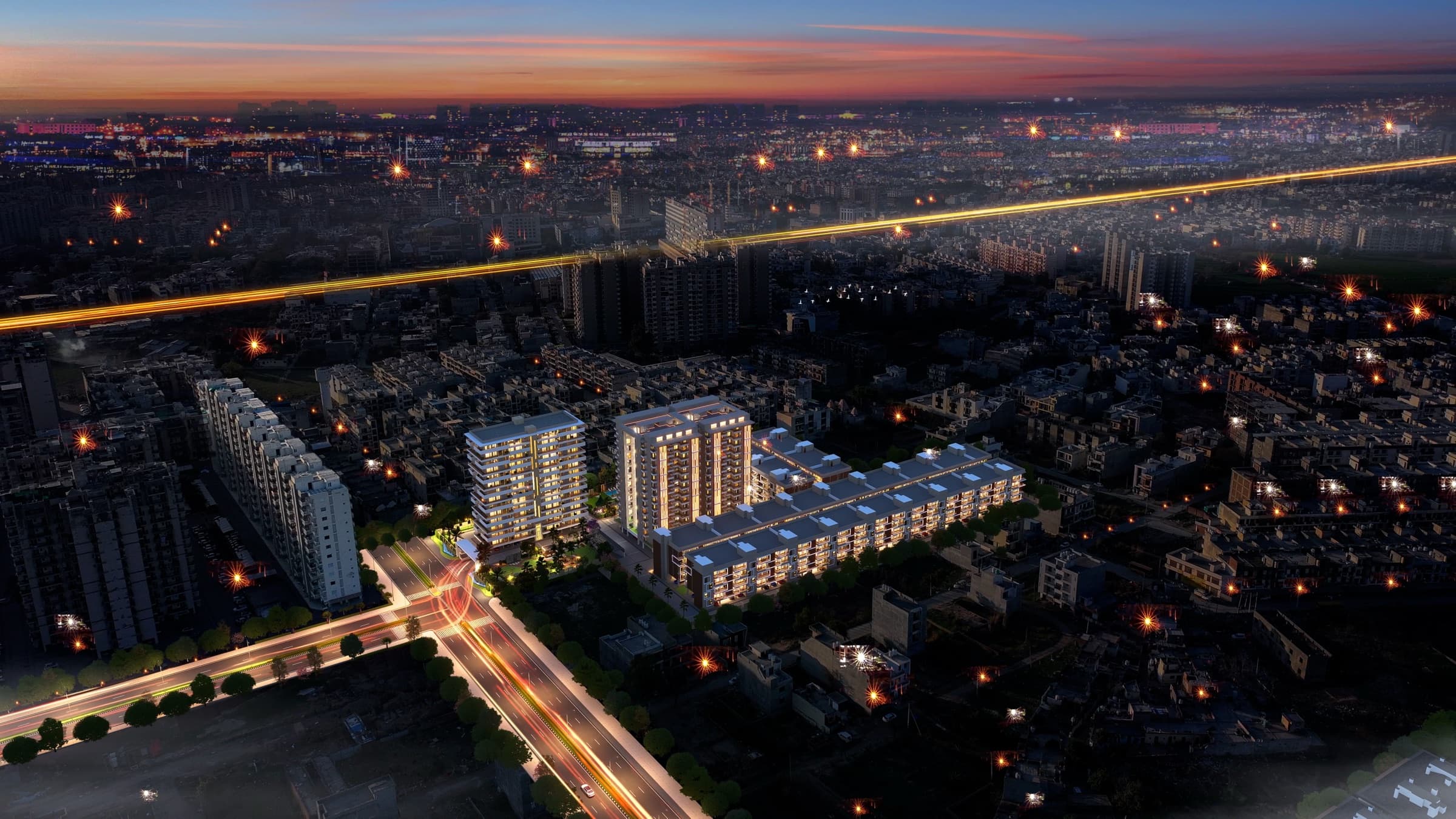 Golden Era Homes — the site lit up at night