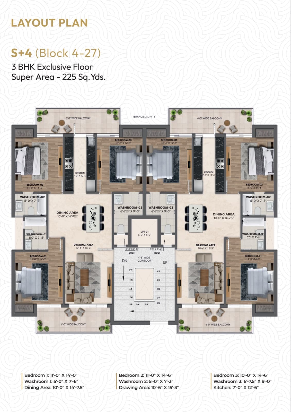 Golden Era Homes S+4 low-rise floor plan, 3 BHK, 225 sq.yd