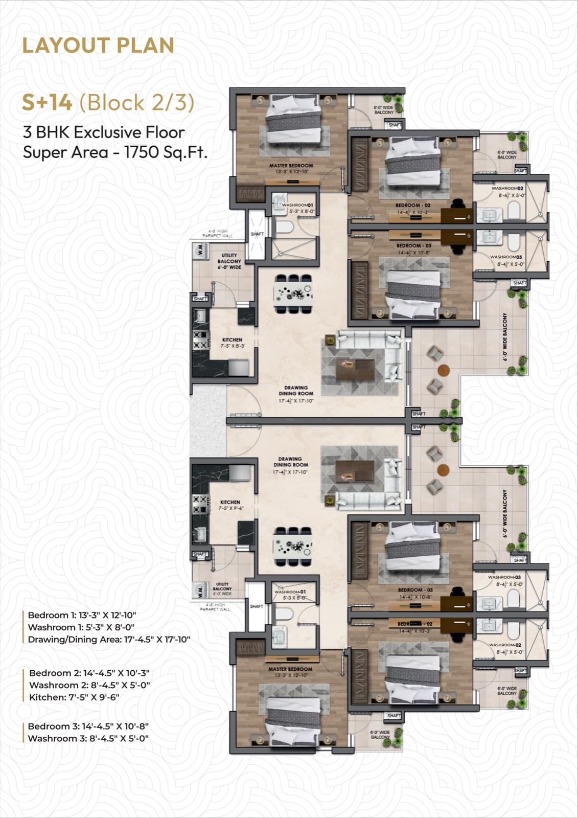 Golden Era Homes S+14 tower floor plan, 3 BHK, 1750 sq.ft