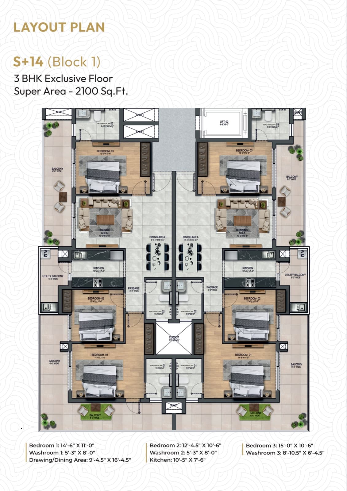 Golden Era Homes S+14 tower floor plan, 3 BHK, 2100 sq.ft